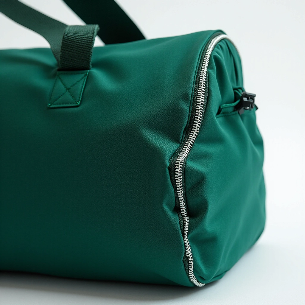 Close-up of forest-green ripstop nylon texture showing reflective piping detail and stitching quality, product material photography