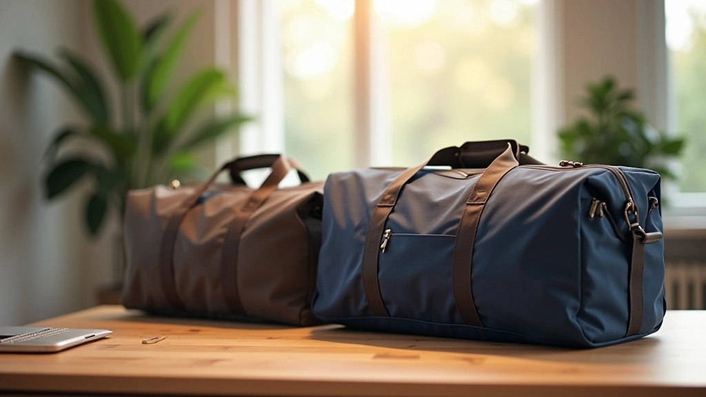 Modern workspace with quality carry bags displayed on wooden desk, morning light through window, professional photography with sharp focus