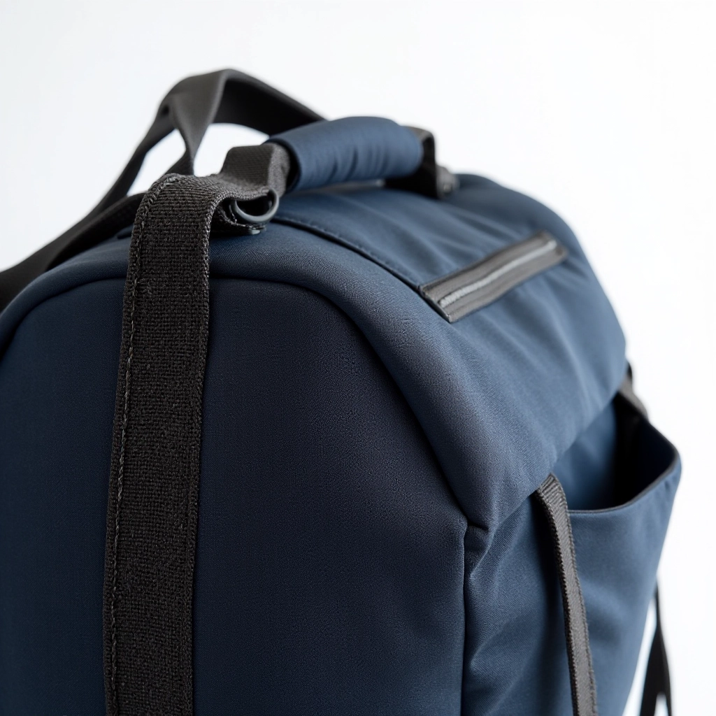 Detailed view of duffel bag construction showing reinforced stitching, dual carry handles with padding, and polyurethane-coated polyester material with visible texture