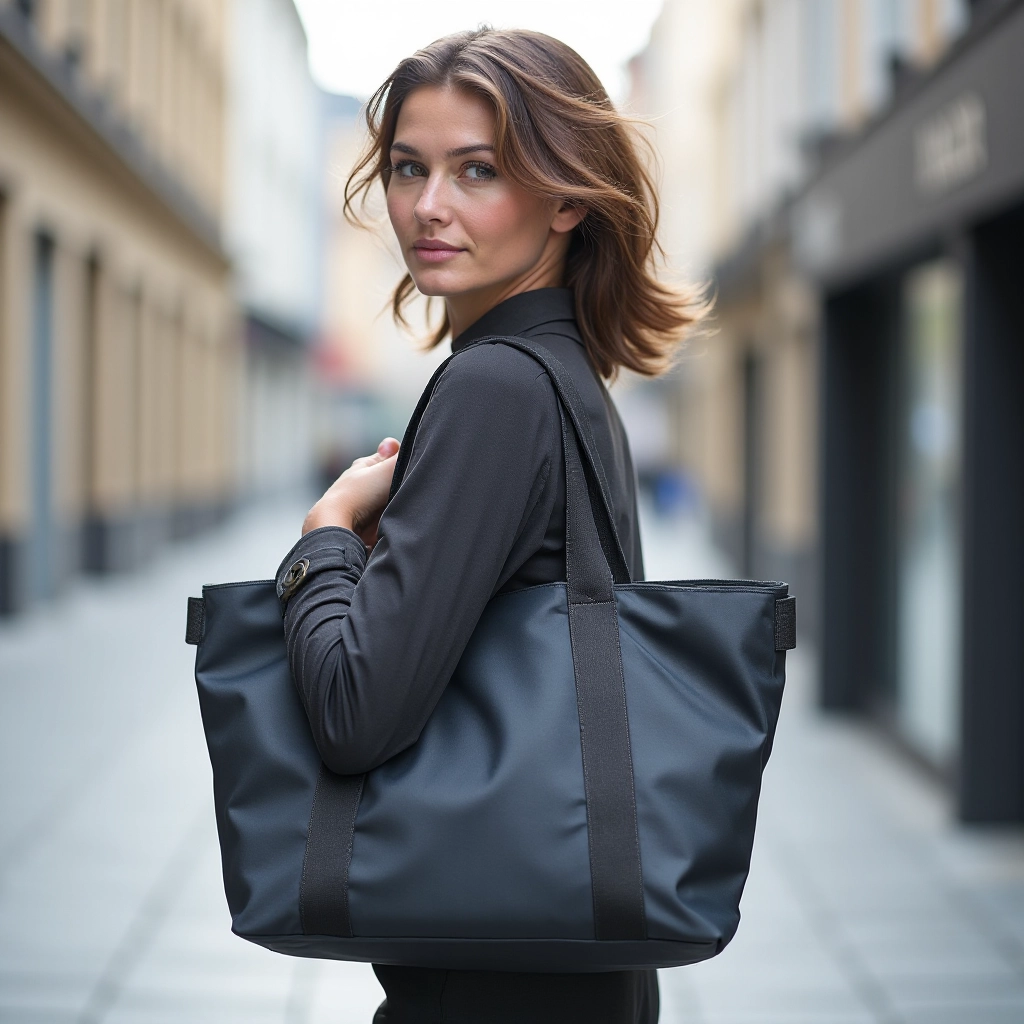 Person carrying Urban Commute Tote over shoulder while walking through city street, professional dressed for office commute